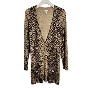 Chicos Cardigan Women XL Leopard Longline Long Sleeve Button Up Closet Staple
